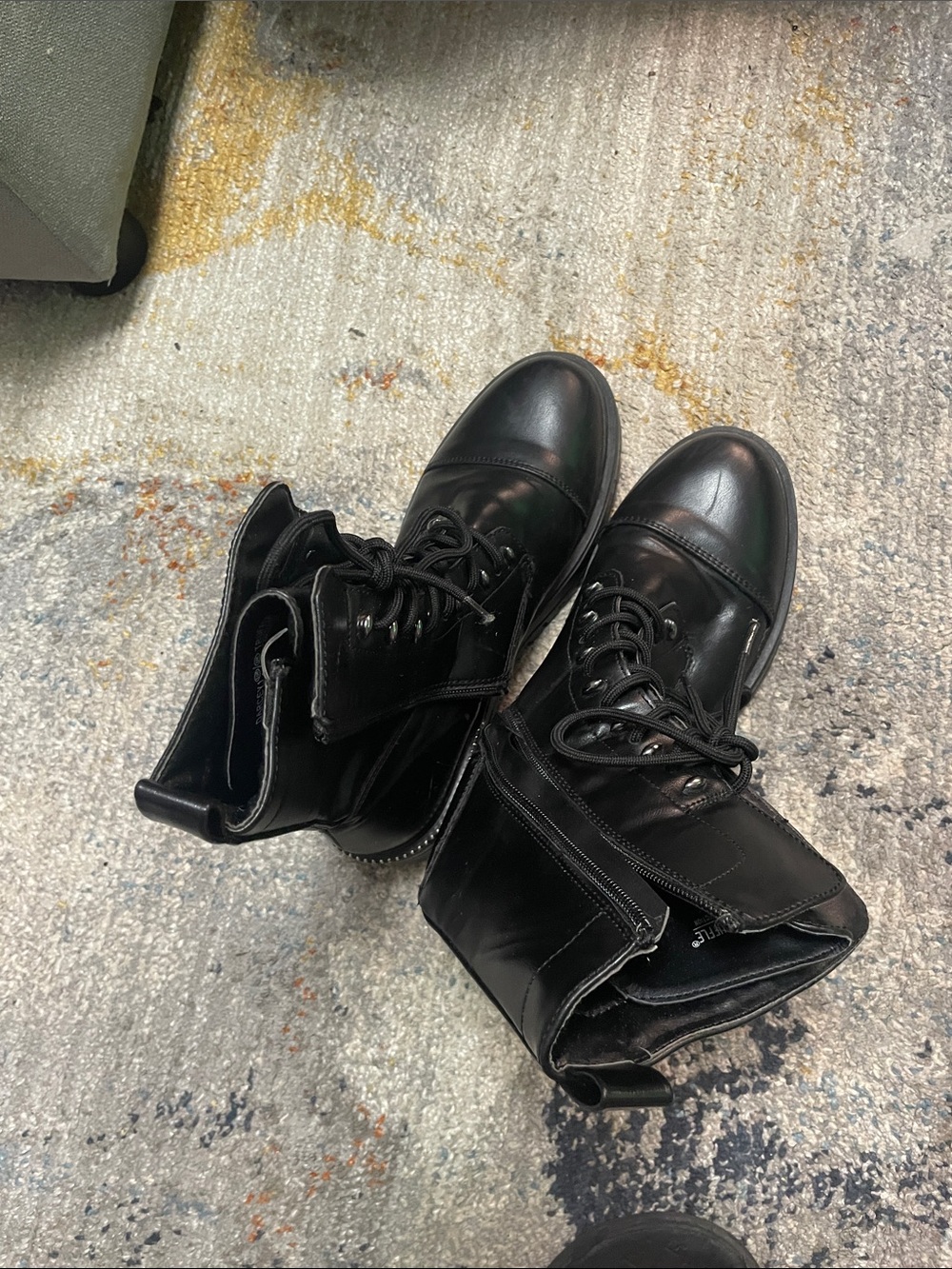 Darcey Truffle Collection Black Lace-Up Leather Combat Boots with Side Zipper